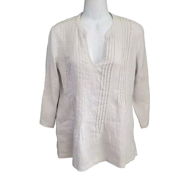 Saint Tropez West Soft Linen Pintuck 3/4 Tab Sleeve Tunic Caftan Beige small - Picture 1 of 6